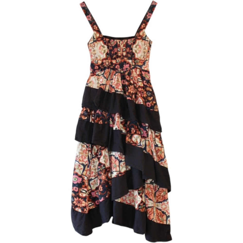 Anthropologie Patchwork Paisley Tiered Bohemian Midi Dress XSP Square Neck - Picture 3 of 5